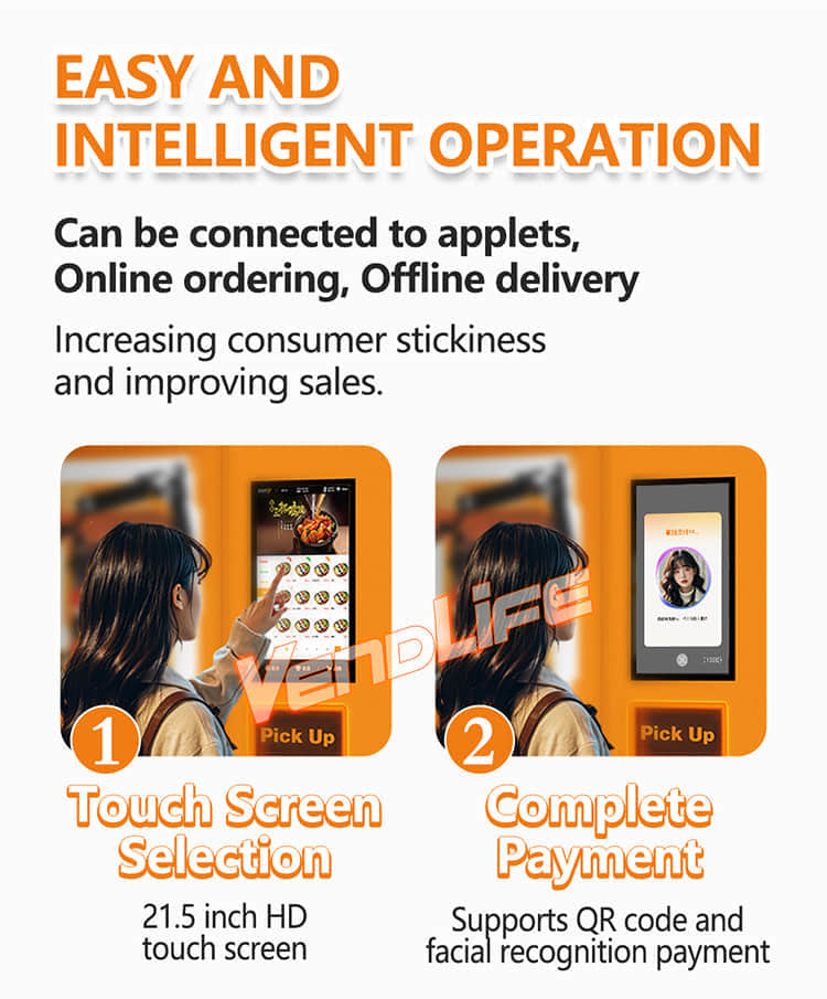 VendLife Dual Microwave Bento Vending Machine: 24/7 hot meal vending kiosk. 2x4000W, 45s, 110-168 boxes, QR & face-pay. Offices, factories. Operators, wholesalers, vending entrepreneurs.