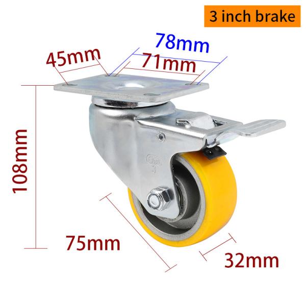 EDL à charge moyenne 3 pouces 150 kg Plaque TPU Caster par type rigide, pivotant et frein