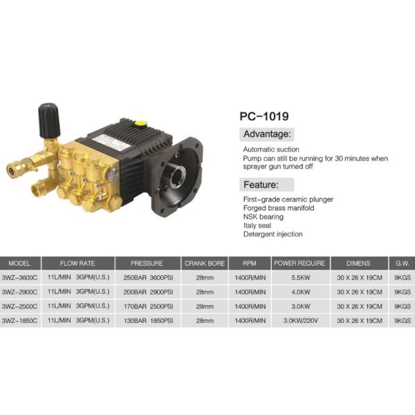 FLOWMONSTER electric washer pump PC-1019 brass high pressure triplex plunger pump 250Bar 11LPM