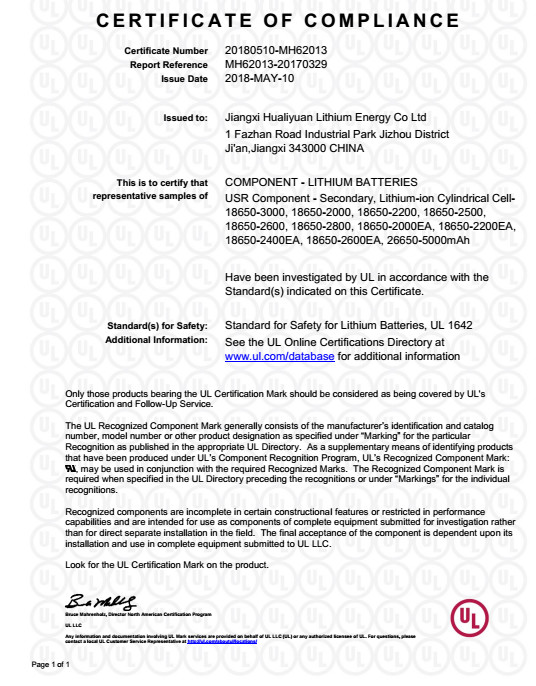 Jiangxi Hualiyuan Lithium Energy Co., Ltd. Сертификации
