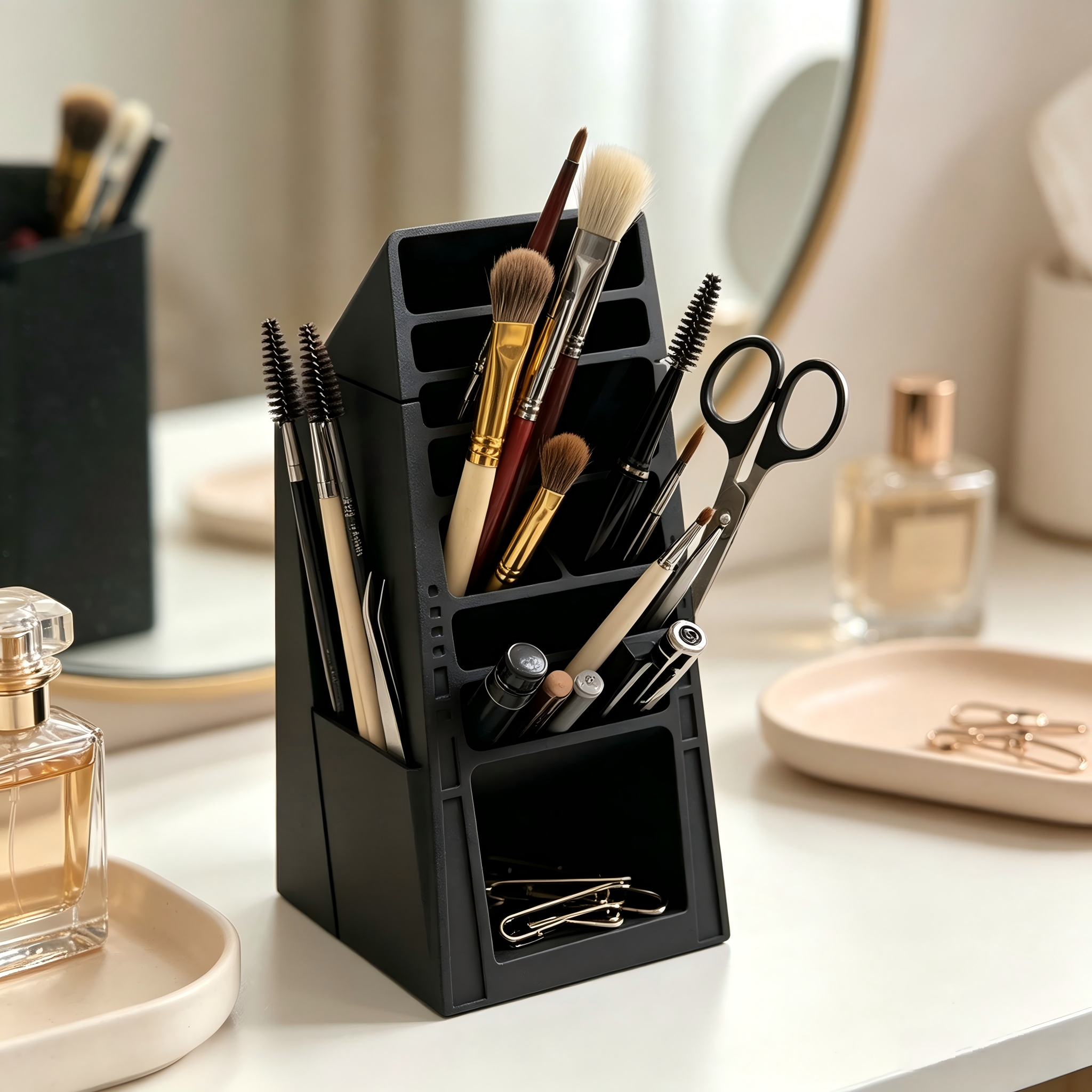 Matte Black 3D Printed Office Supplies Desktop Multi Compartment Pen Holder