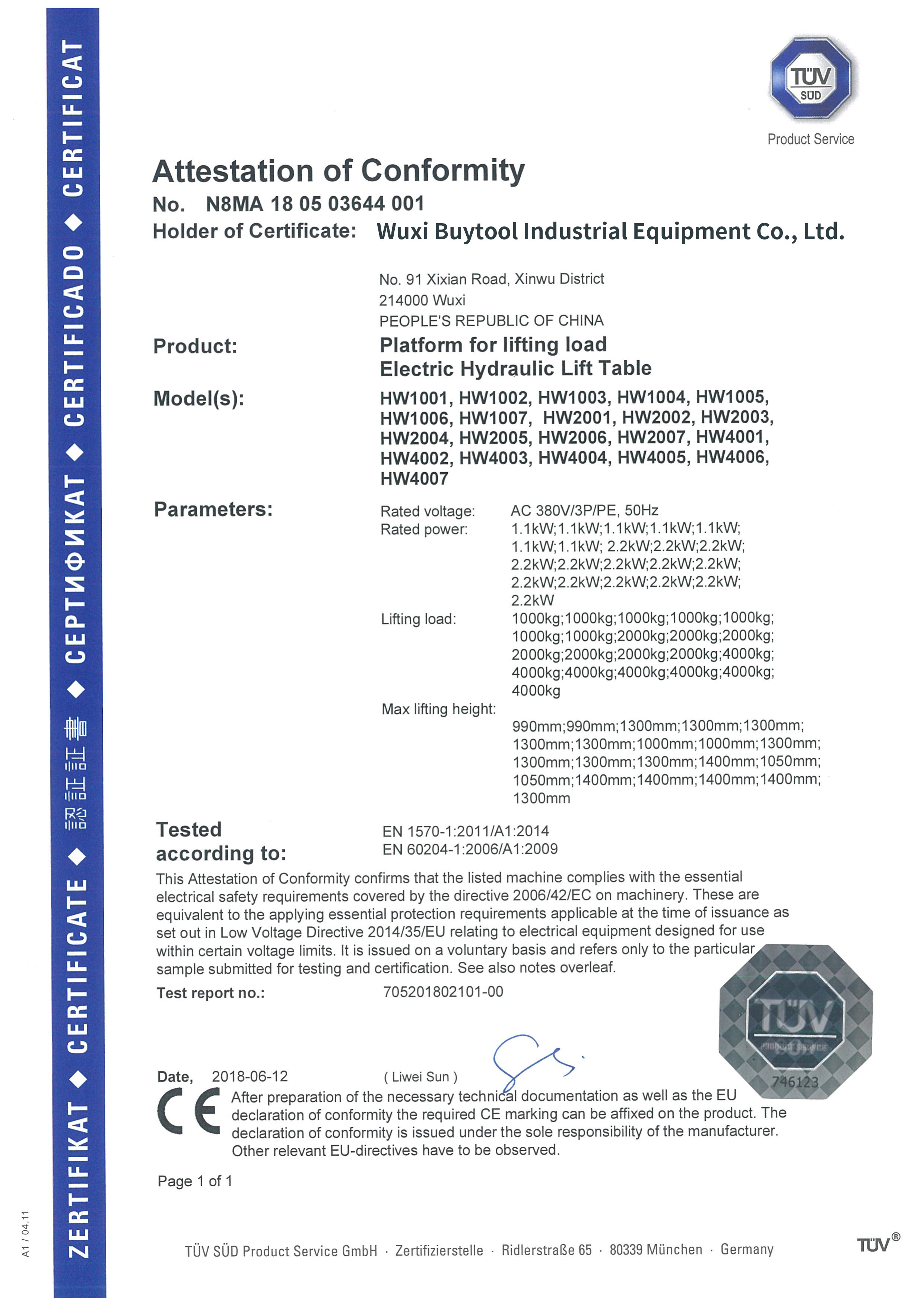 Wuxi Buytool Industrial Equipment Co., Ltd. Сертификации