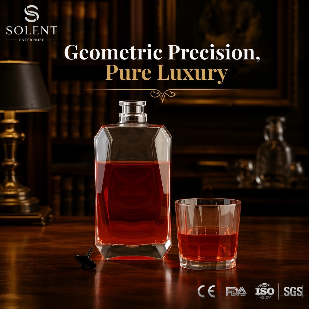 Geometric Beveled Whiskey Glass Decanter With Faceted Rectangular Design 750ml
