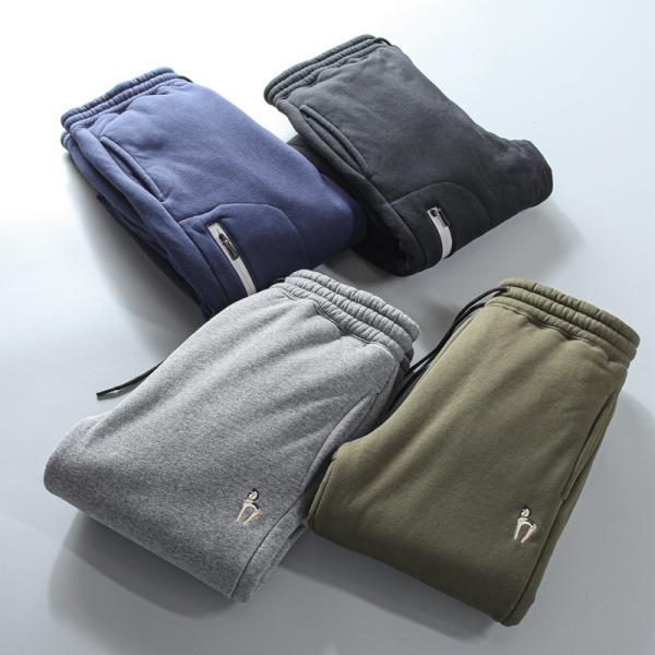 100% Cotton Embroidery Men's Fleece Lined Joggers Padded Warm Pants Trousers for Mid Waist