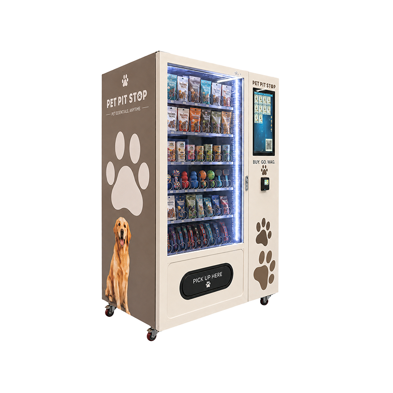 Self Service Pet Vending Machine Combining Standard Vending and Side Lockers for Large and Small Pet Supplies