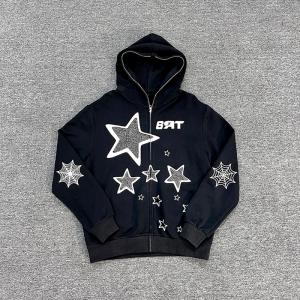 Customized Logo Embroidery Full Zip Up Rhinestone Hoodie Oversized Heavyweight