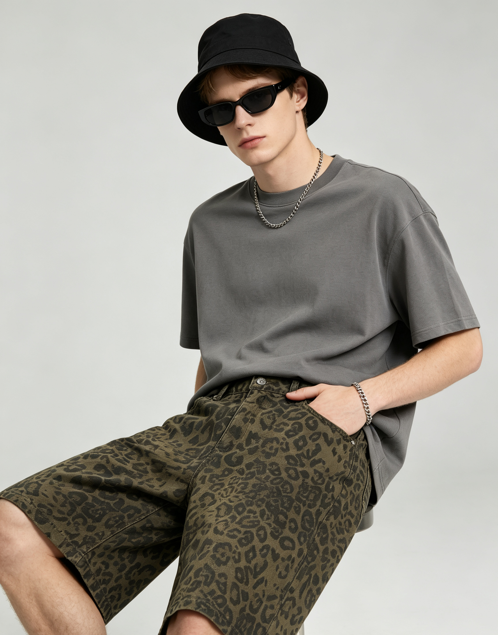 Non Stretch Sports Sweat Shorts Five Inch Leopard Print Denim Shorts Mid Waist