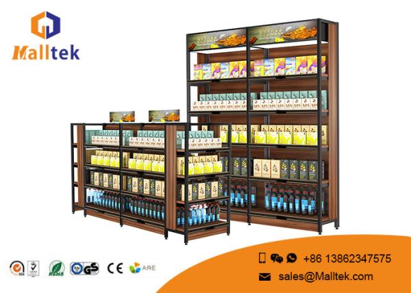 Supermarket Flat Back Wood Display Rack Elegant Galvanized Chrome Plated
