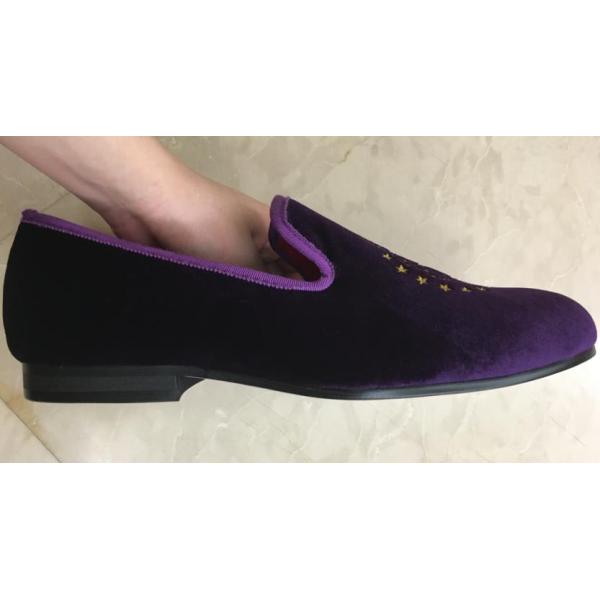 Purple Mens Velvet Slip On Loafers , Mens Velvet Slippers Embroidered for Party