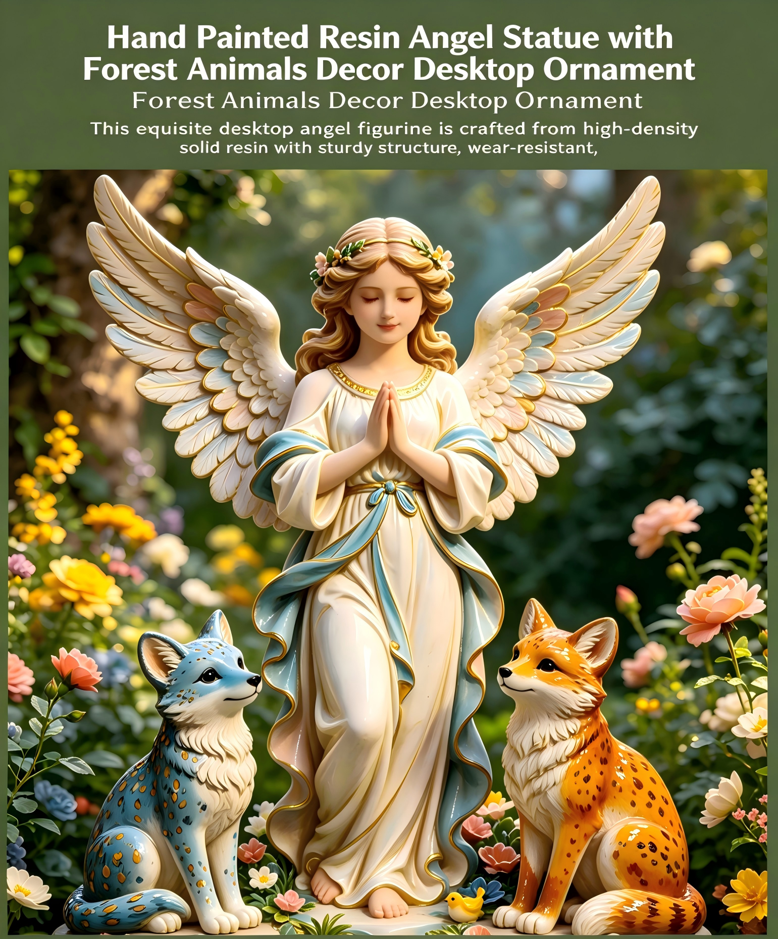 Hand Painted High-Density Solid Resin Angel Statue with Forest Animals Decor Desktop Ornament