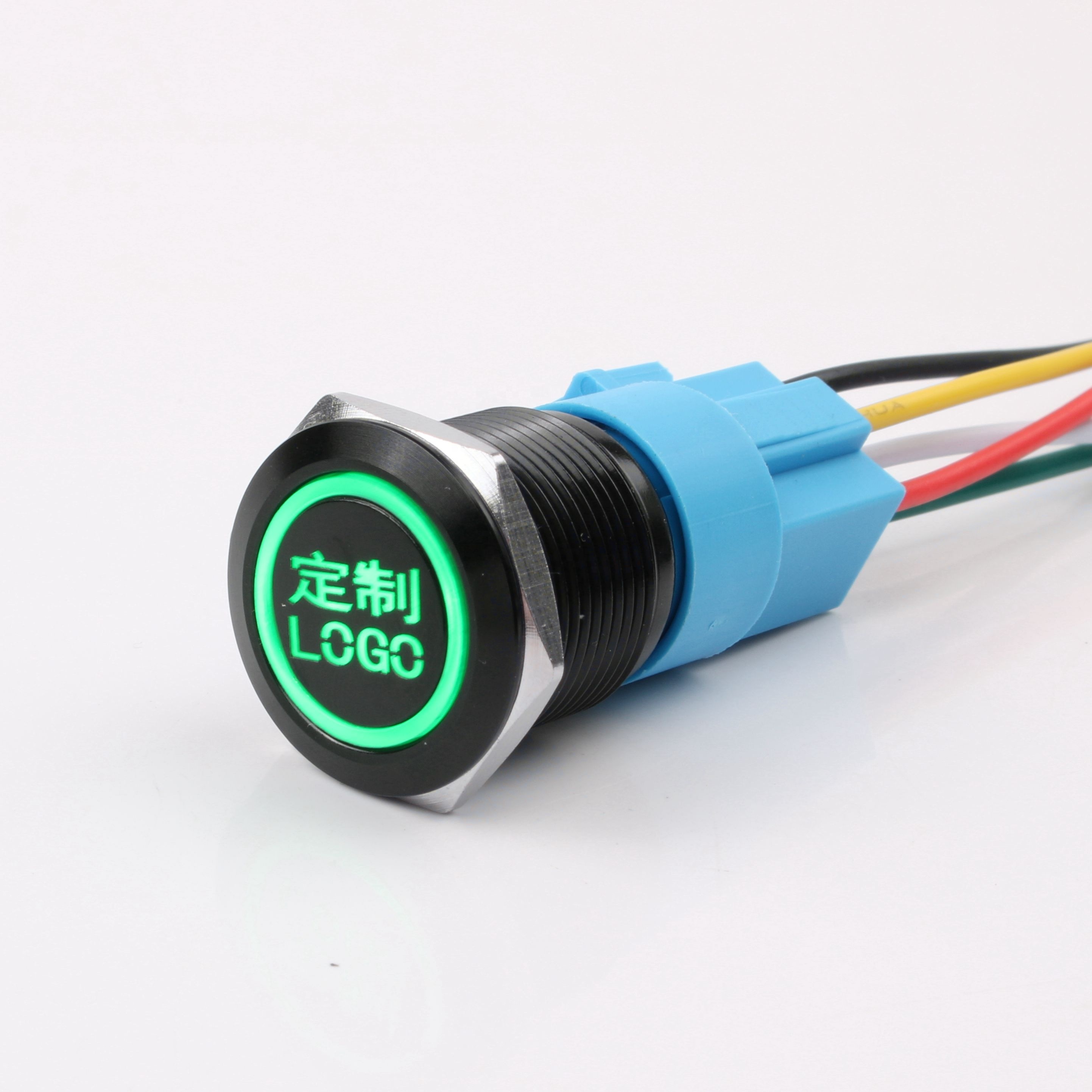 19mm Metal Push Button Switch Customizable LED Logo-IP65 Rated 220V Latching/Momentary (Black/Silver Shell) 1NO1NC Connector