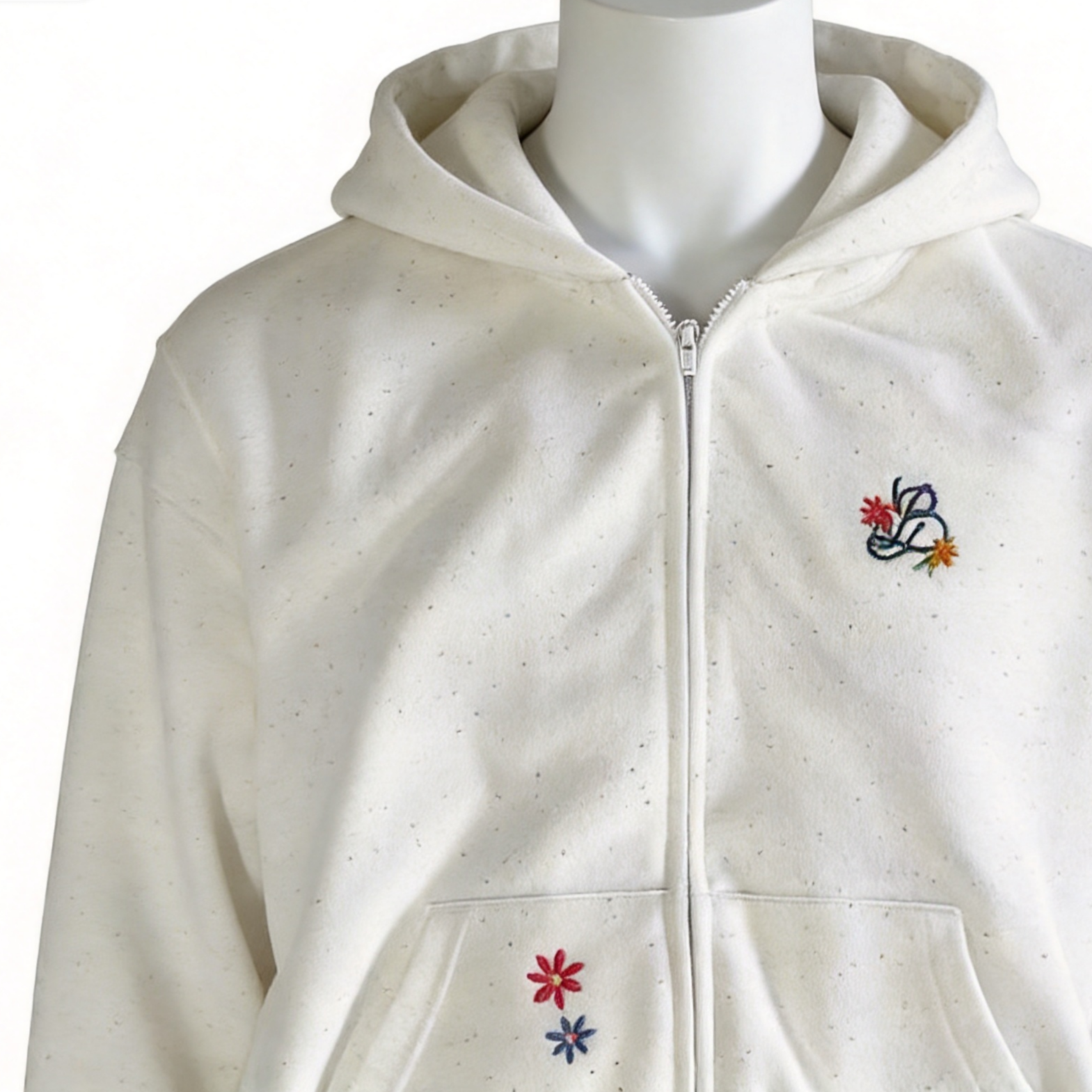 Heavy Terry Fleece 	Men's Heavyweight Hoodie Speckled Floral Embroidery Fleece Zip Up Jacket Oversized