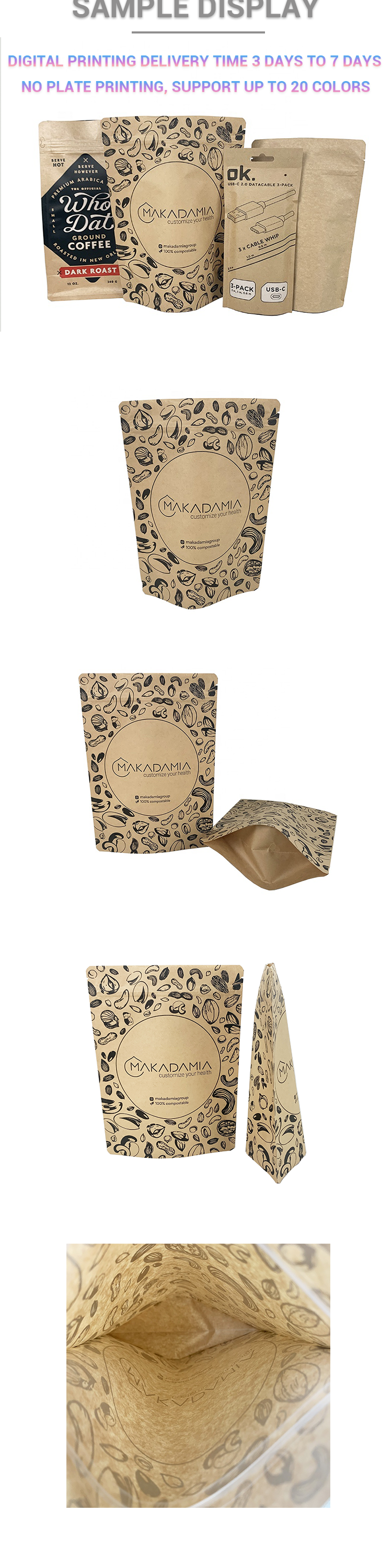 MOQ 100pcs Customized Size and Logo Kraft/PLA Paper Packaging Bags Compostable and Biodegradable Bags With Zipper Bag for Food