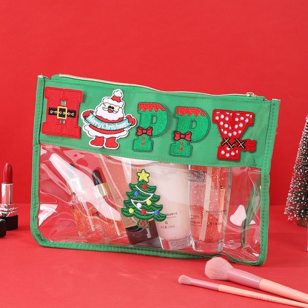 2026 New Arrivals PVC Christmas Makeup Bag with Embroidered Initials Waterproof Large Capacity Portable Travel Toiletry Bags