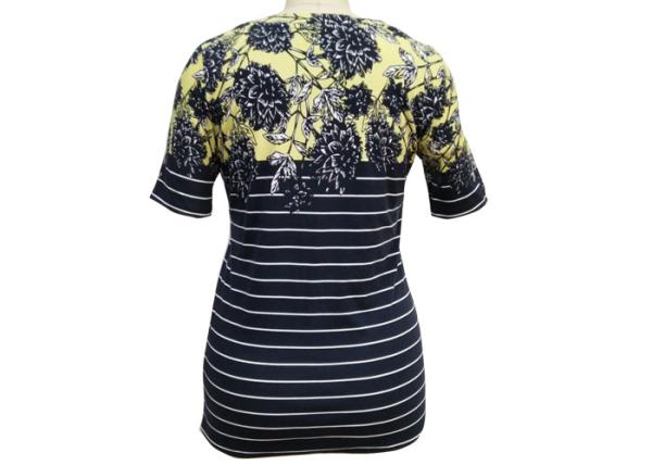 Ladies Casual Round Neck Shirt Shot Sleeves Allover Disperse Printing Stripe And Flowers