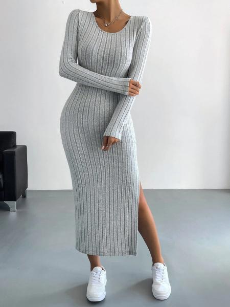 2024 Autumn and Winter New Long sleeved Round Neck Split Knitted Long Dress for Women