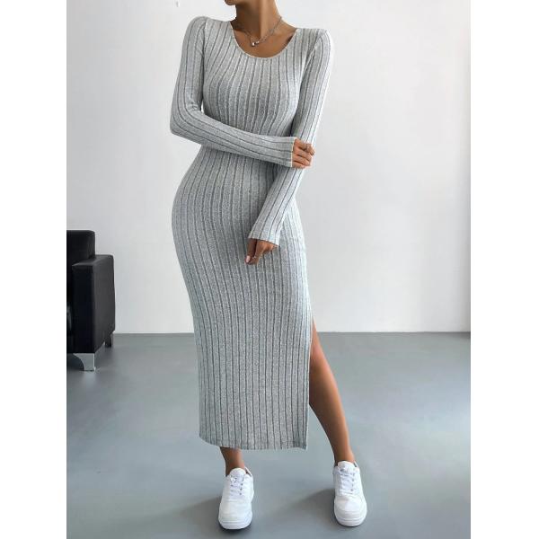 2024 Autumn and Winter New Long sleeved Round Neck Split Knitted Long Dress for Women