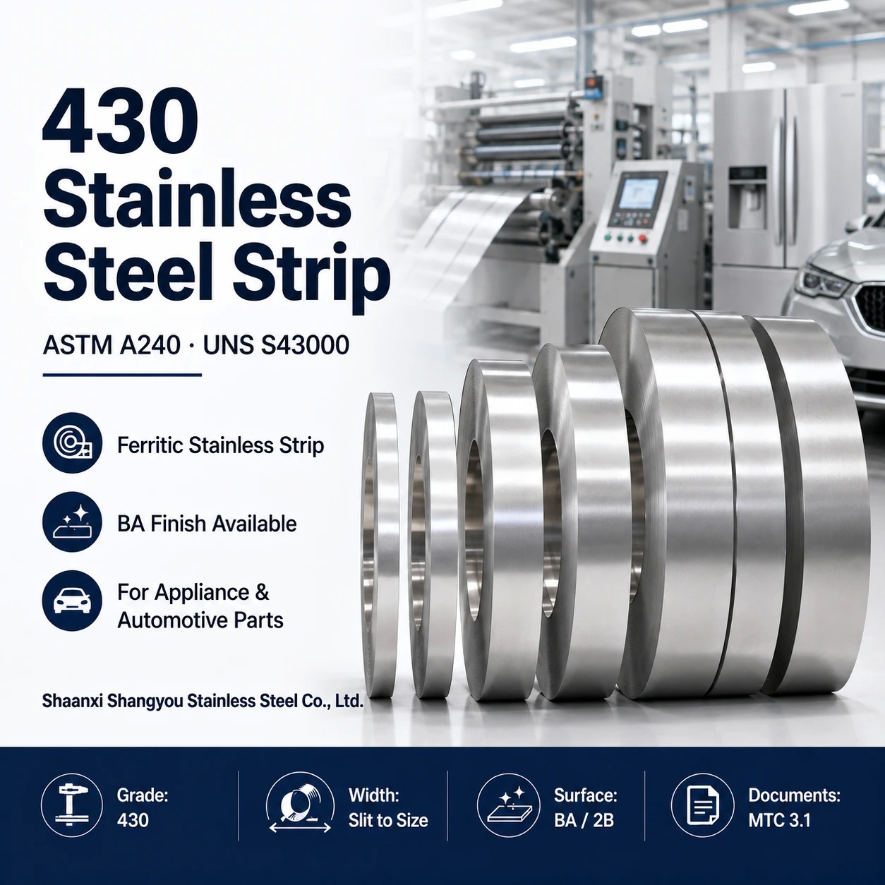 430 Stainless Steel Strip BA Finish for Automotive and Appliance Parts
