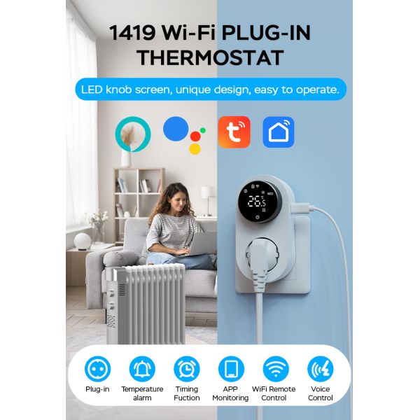 Smart Dual-Mode 16A 100-240V Temperature Controller Alexa/WiFi Connectivity LED Knob Temp Alarm for Power Socket Plug