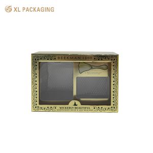 Custom Gold Rigid Two-Piece Gift Box With PET Window, 2mm Grey Board Skincare Set Packaging Box For Body Lotion Soap With PET Insert