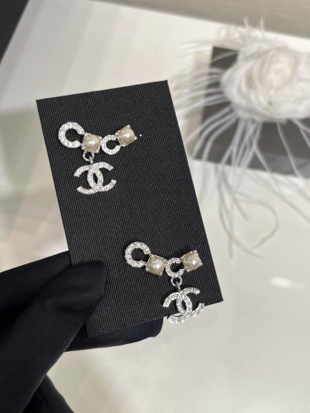 Silver Pearl Crystal Double C Pendant Earrings 18K Gold Plated