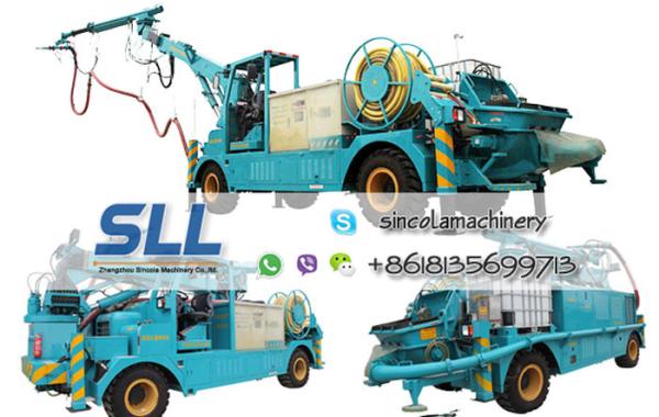 Wet mix concrete sprayer trailer robot arm electric motor and diesel two-motor drive