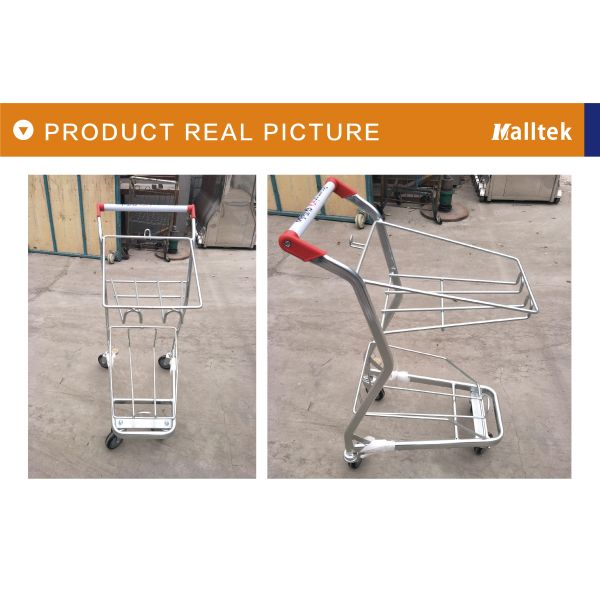 Pink Metal Supermarket Shopping Trolley With Two Baskets For Retail Grocery Store