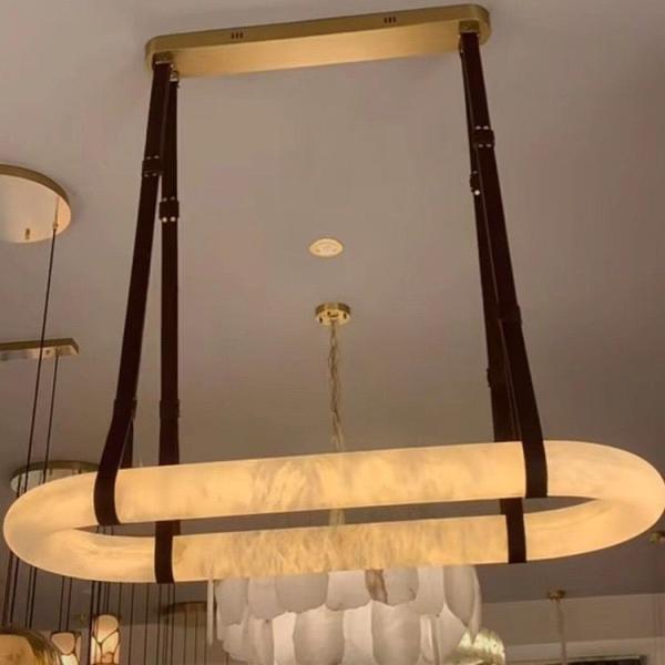 Luxury Leather Chandelier Marble Circle Kitchen Living Room Creative Art Alabaster Light Hanging Lamp