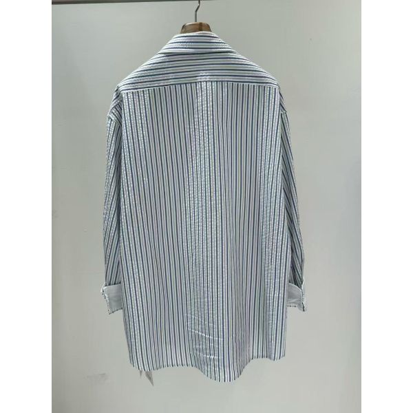 Spring and summer hot casual fashion 100% pure cotton navy blue and white architectural style pleated striped shirt