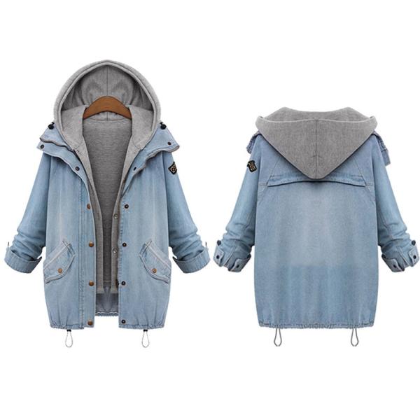 Cheap Plus size drawstring twinest hooded outwear denim coat for women