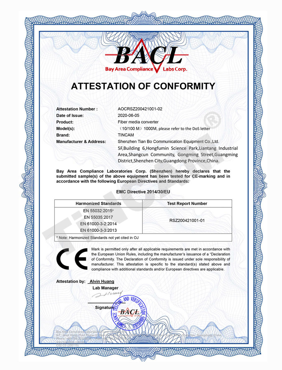 Shenzhen Tianbo Communication Equipment Co., Ltd. Certifications