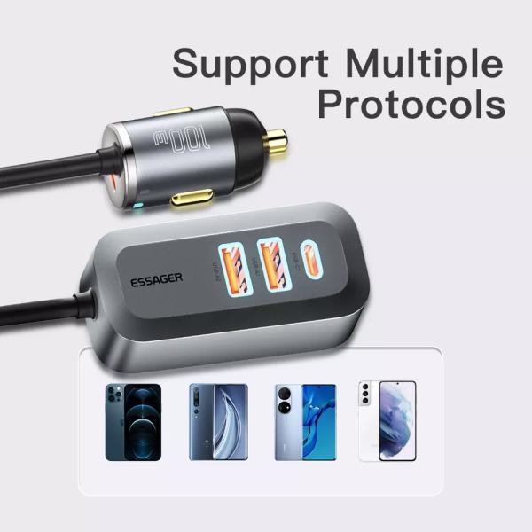 Cargador de automóvil para automóviles Essager 2022 Doution 1.5m Cable de extensión 2C2A Cargador de automóviles de 100W Para teléfono móvil Huawei Xiaomi