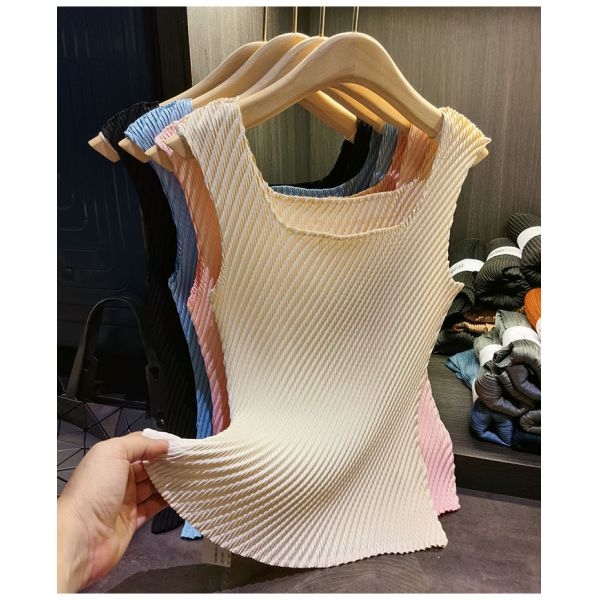 High-end Vest Camisole ~ Pure Color Inner Wear Elastic Slimming Pleated T-shirt for Women Summer New