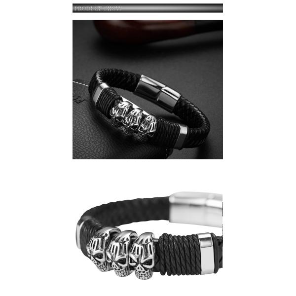 Customization fashion jewelry black leather bracelet magnetic stainless steel bracelet