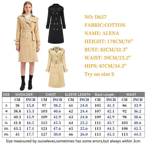 OEM Women'S Classic Double Breasted Mid - Long Cotton Coat With Belt S-3XL