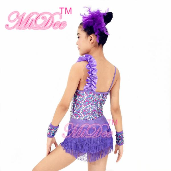 2 In 1 Latin Dance Costumes Confetti Purple Sequin Leotard Diagonal Ruffled Neck With Fringe Skirt Dress