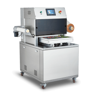 Full-Automatic Modified Atmosphere Vertical Tray Sealer DQ400L-E with Food Grade 304 Stainless Steel and 6061 Anodized Aluminum Mold for Food Packaging