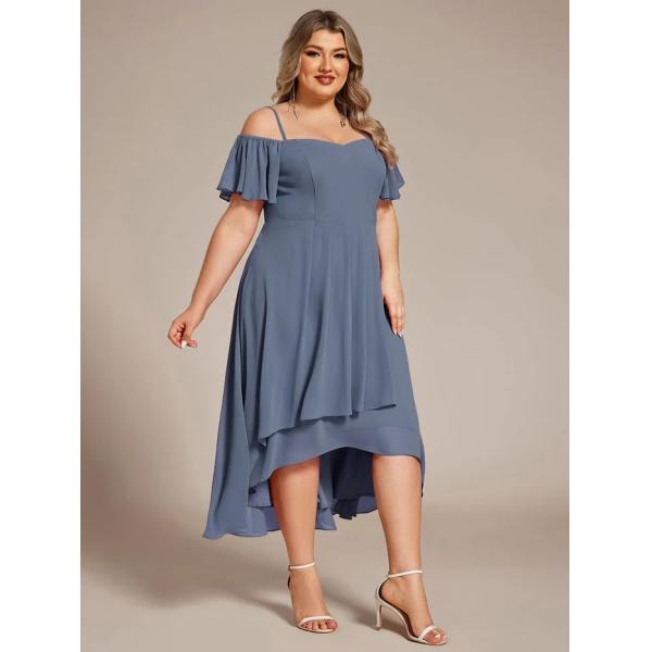 Empire Off-shoulder Spaghetti Strap Zipper High-low Wedding Guest Dresses Short Sleeves Black Chiffon Prom Dress