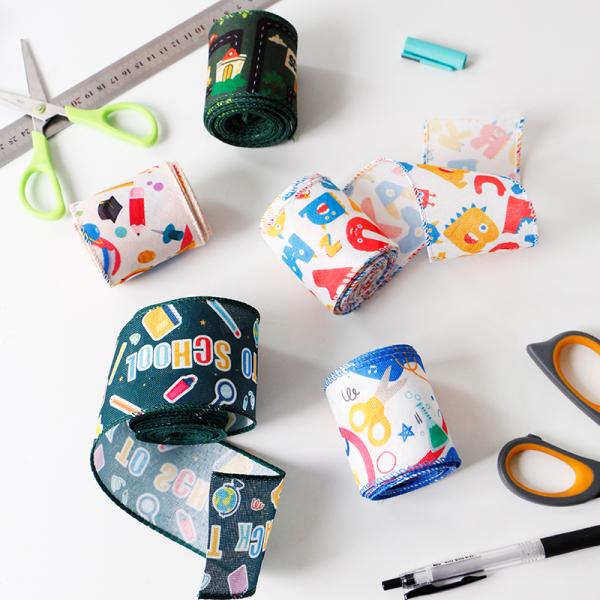 Choose from Our Catalogue Wired Burlap Ribbon for School Rulers in Car Print Design