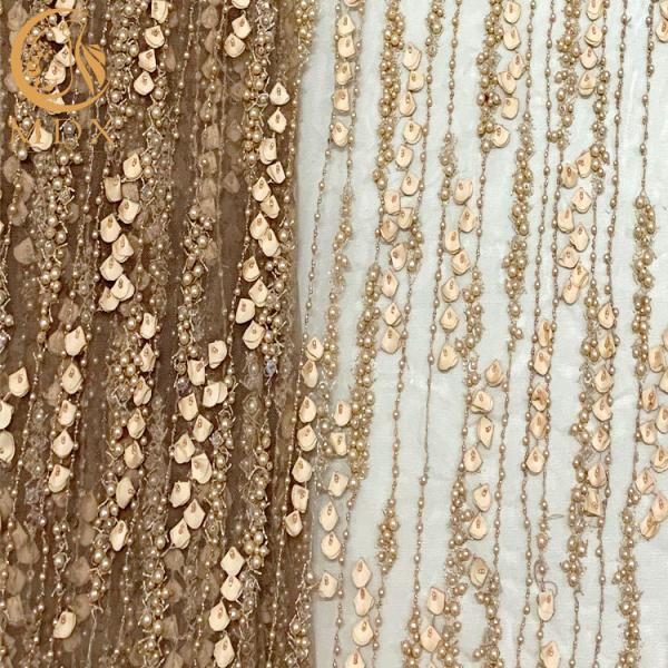 Wedding Dress 3D Flower Embroidery Lace Fabric With Heavy Beads