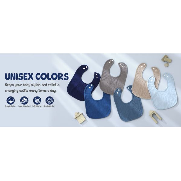 6-Pack Muslin Baby Bibs for Unisex Boys Girls, Cotton Baby Drool Bibs for Drooling and Teething