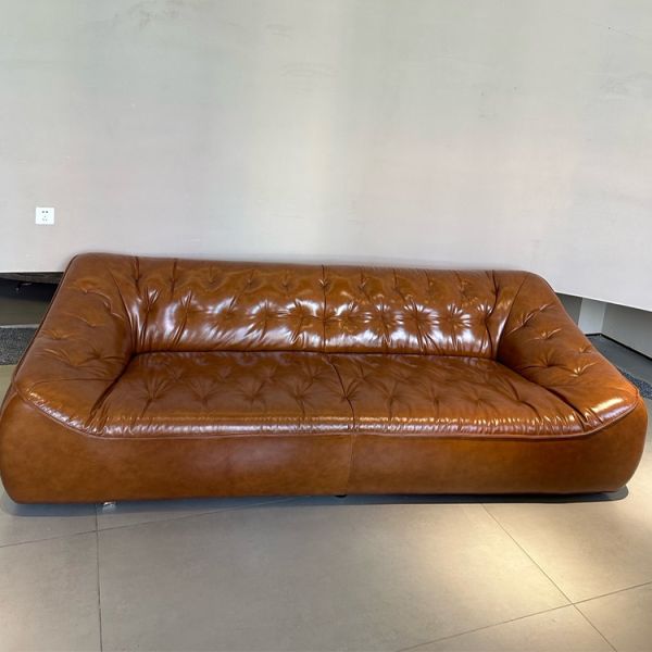Vintage Brown Leather Couch Set Pine Wood Frame Leisure Sofa Sectional for Villa