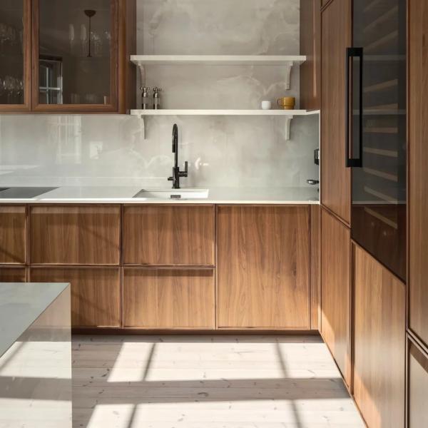 Frame-line Door Panel Kitchen Cabinet Design Cherry Wood Veneer Kitchen Cabinet For Ghana Villa Project