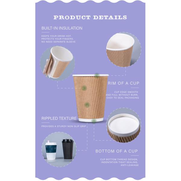 Coffee Paper Cups 12OZ Double Wall Disposable Customized Printed Ripple Kraft Cup