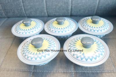 Indian colorful printed hand washing bowl sets and tray 5 pcs round dip bowl set with metal steel lid