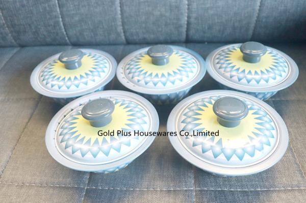 Indian colorful printed hand washing bowl sets and tray 5 pcs round dip bowl set with metal steel lid
