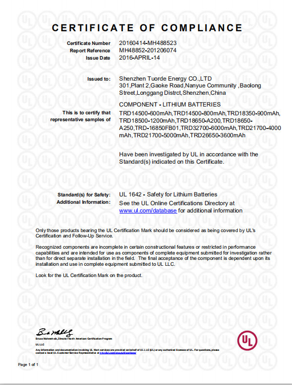Shenzhen Tuorde Energy Co., Ltd Сертификации