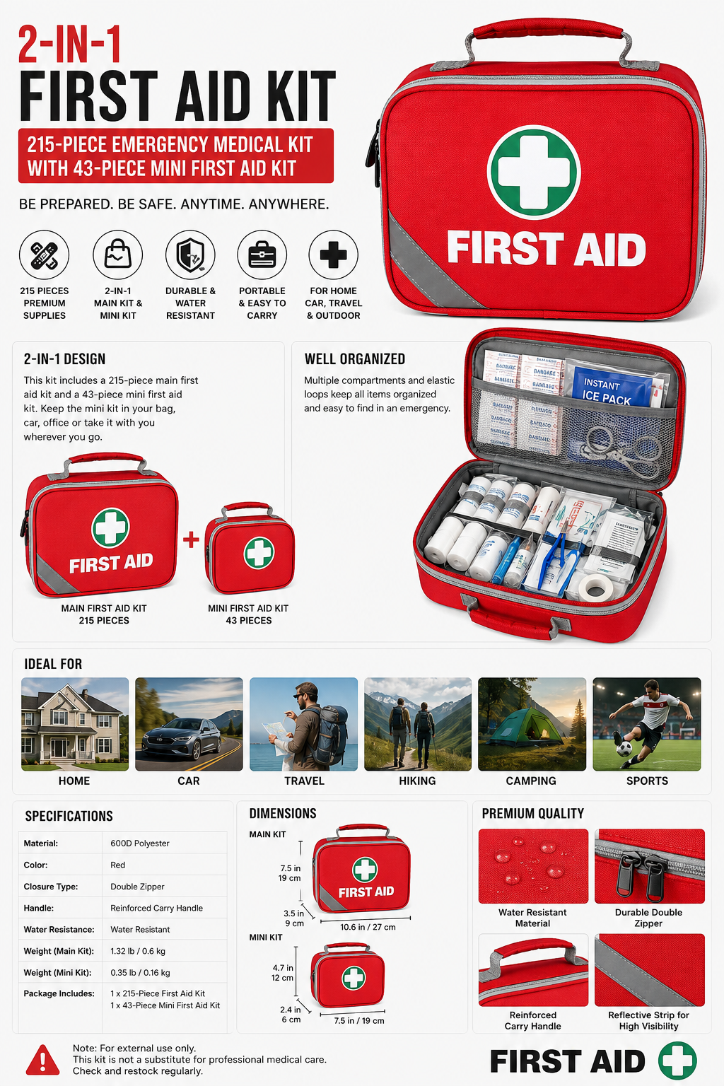 First Aid Kit Mini Emergency Kit for Home, Car, Travel, Sports, Hiking, Camping & Rescue