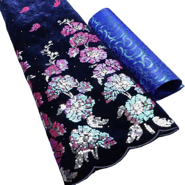 Supoo good quality shiny african lace velvet embroidery fabric with sequins stretch Korean velvet for party