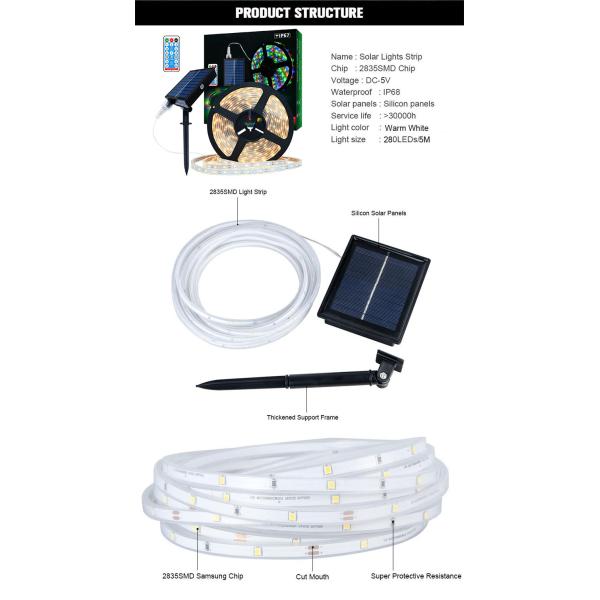 Длина 5M 10M LED Solar Strip Light 2835 Открытый водонепроницаемый теплый белый